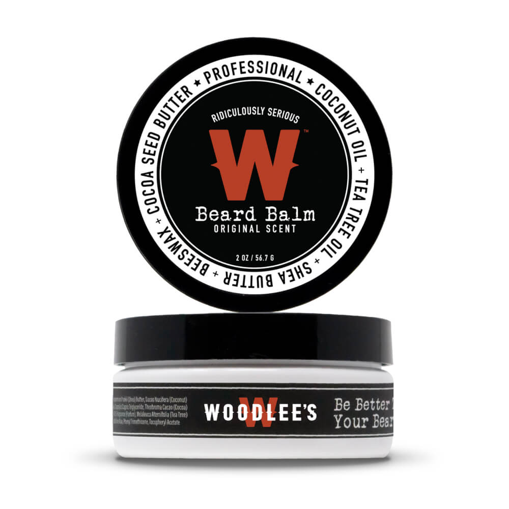 Woodlee's Beard Balm, Original Scent, 2 oz tin shown with lid and base