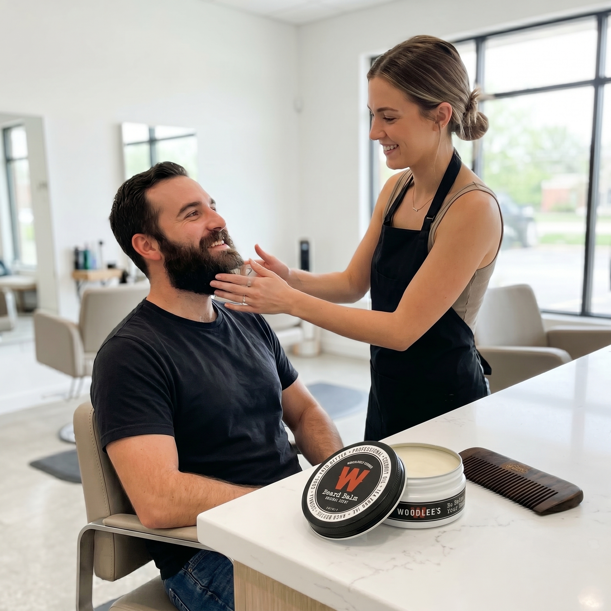 Stylist applying Woodlee's Beard Balm to a client's beard in a bright salon