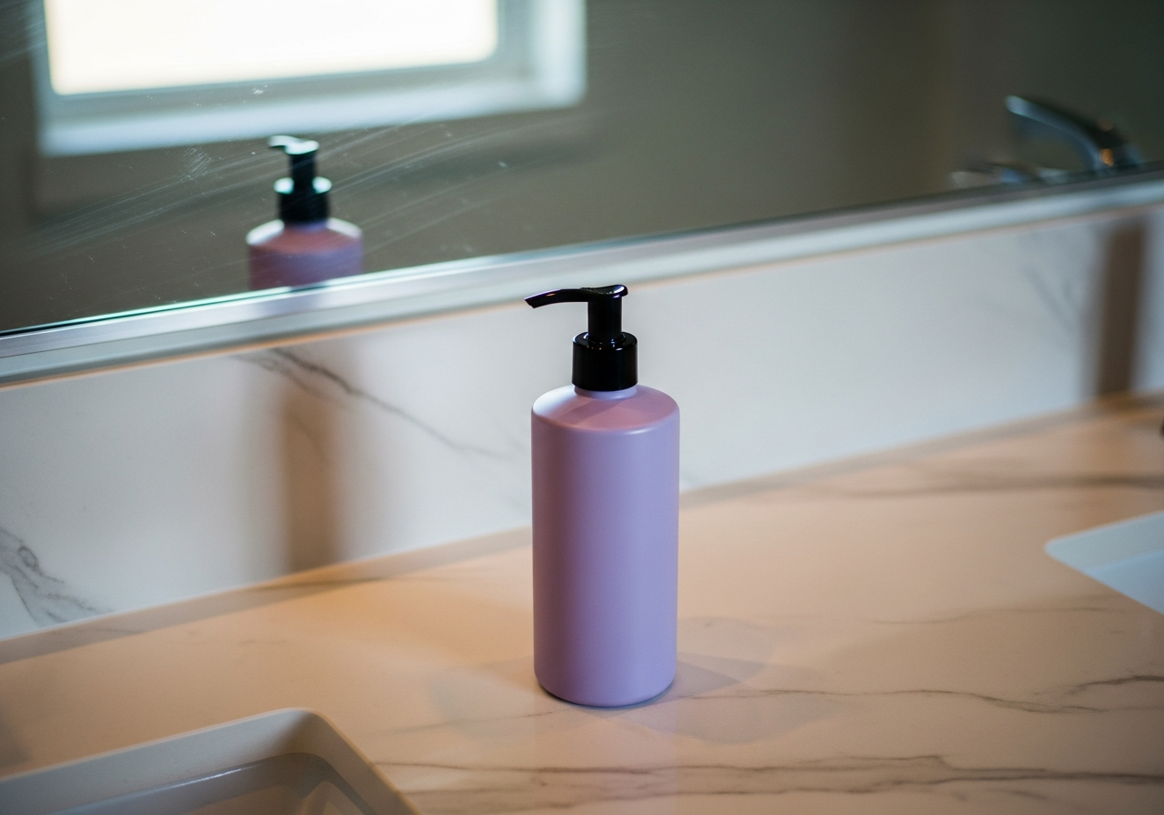 The same bathroom counter now empty except for one tall matte lavender-purple Woodlee's Conditioning Lotion pump bottle, clean marble surface, soft morning light.
