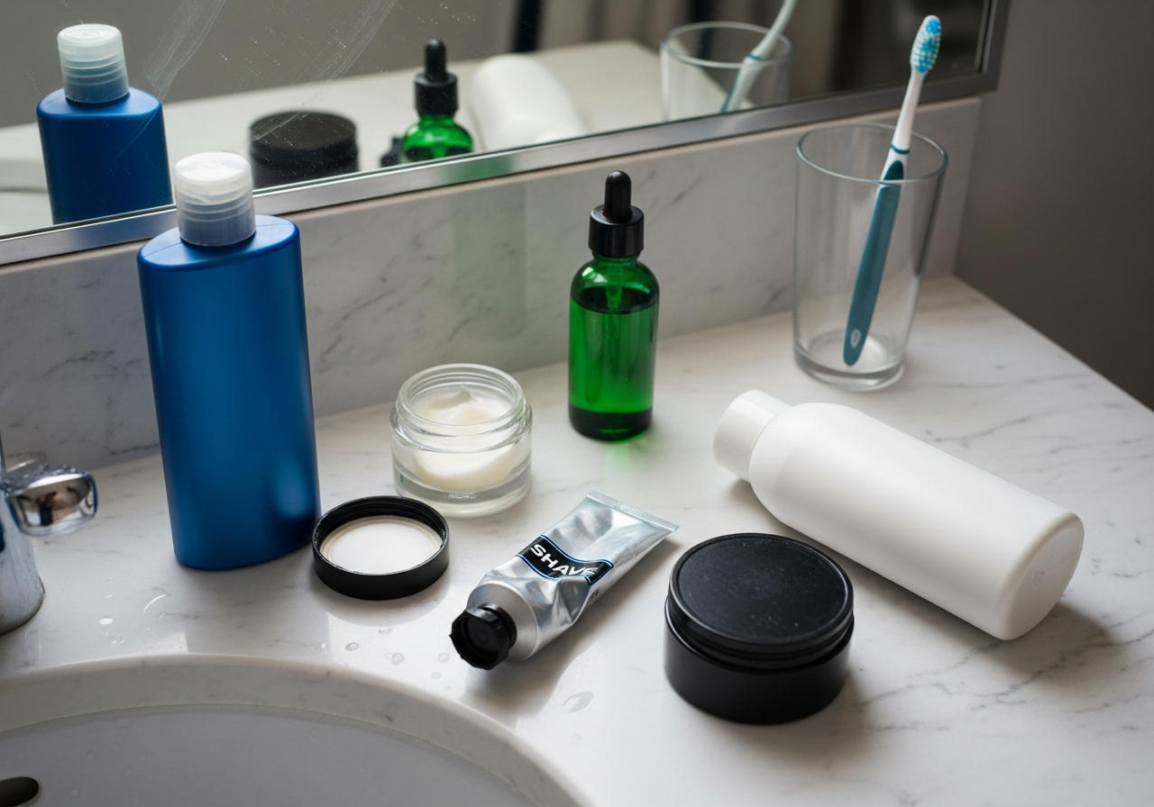 A cluttered bathroom counter covered in five different grooming products: a blue shampoo bottle, face cream jar, green beard oil dropper, shave cream tube, black pomade tub, white body lotion bottle, and a toothbrush.