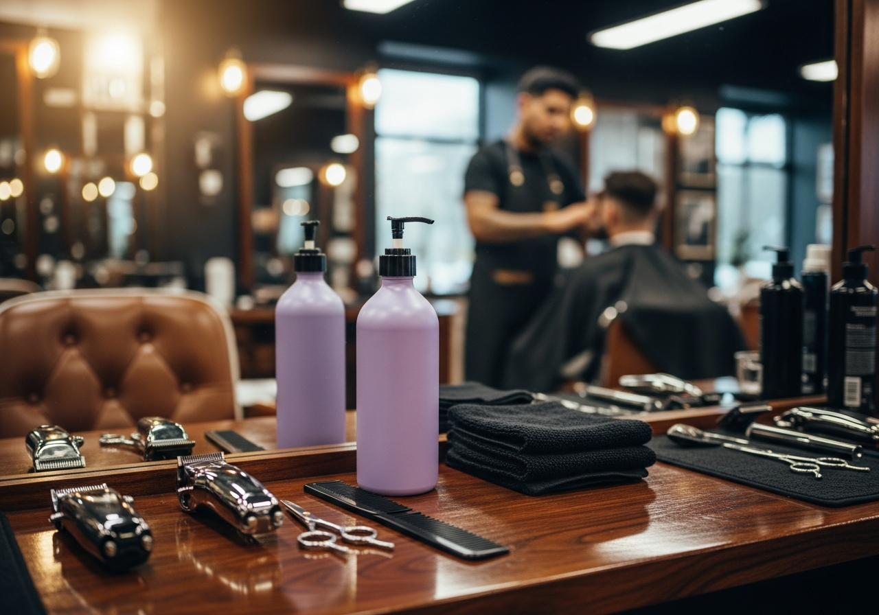 A Barbetologist at a MUG salon station working on a client in the barber chair. The Woodlee's Conditioning Lotion bottle sits among clippers, scissors, combs, and folded black towels on the polished wood counter.